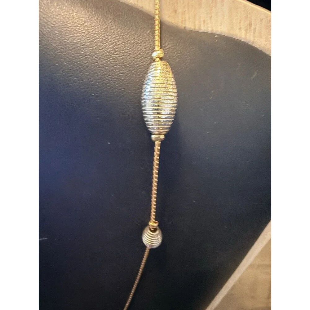 Vintage Long Station Necklace Two Tone Silver Gold Tone Textured Oval Beads 31